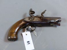 A CONSTABULARY TYPE FLINTLOCK PISTOL WITH WALNUT STOCK ( ANTIQUE - NO CERTIFICATE REQUIRED)