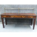 AN ANTIQUE AND LATER INLAID MAHOGANY GEORGIAN SIDEBOARD WITH BRASS RAIL ABOVE THREE APRON DRAWERS