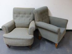 TWO LATE VICTORIAN GENTLEMAN'S ARMCHAIRS UPHOLSTERED IN UNIFORM GEOMETRICAL PATTERNED FABRIC.