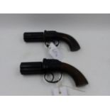 TWO 19TH CENTURY SIX SHOT PEPPERBOX PERCUSION REVOLVERS UNSIGNED, EACH WITH WOOD GRIPS AND SCROLL