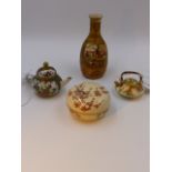 THREE JAPANESE SATSUMA CABINET PIECES TO INCLUDE A VASE, A MINIATURE TEAPOT, A COVERED ROUND BOX