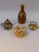 THREE JAPANESE SATSUMA CABINET PIECES TO INCLUDE A VASE, A MINIATURE TEAPOT, A COVERED ROUND BOX