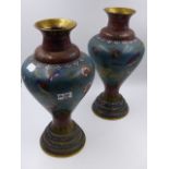 AN UNUSUAL PAIR OF CHINESE CLOISONNE TAPERED FORM BALUSTER VASES WITH BIRDS AND BUTTERFLY DECORATION