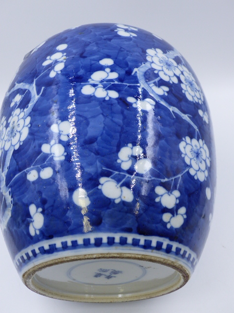 A CHINESE BLUE AND WHITE LARGE PRUNUS DECORATED GINGER JAR WITH DOUBLE ENCIRCLES FOUR CHARACTER MARK - Image 8 of 9
