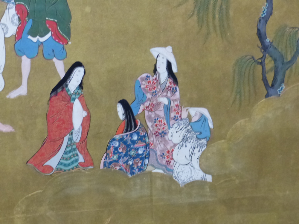JAPANESE SCHOOL, A PAIR OF TWO PANEL FLOOR SCREENS DEPICTING A CONTINUOUS SCENE OF FIGURES IN A - Image 14 of 22