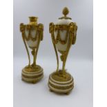 A PAIR OF ANTIQUE WHITE MARBLE ORMOLU MOUNTED NEO CLASSIC STYLE CASSOLETTES IN THE MANNER OF MATTHEW
