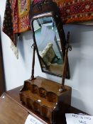 A WALNUT GEORGIAN AND LATER DRESSING TABLE MIRROR WITH MULTI DRAWER, STEPPED BASE ON BUN FEET AND