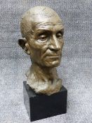 EARLY 20th.C.SCHOOL. PORTRAIT OF A MAN ON PATINATED RESIN PLINTH BASE. OVER ALL H. 48cms.
