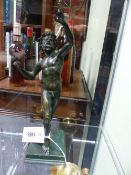 AN ANTIQUE GRAND TOUR BRONZE OF THE DANCING FAUN AFTER THE ANTIQUE. H.30cms.