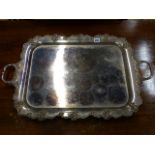 A MID 19th.C.SHEFFIELD PLATED TWO HANDLED SERVING TRAY WITH STYLISED VINE BORDER. 61x46cms.