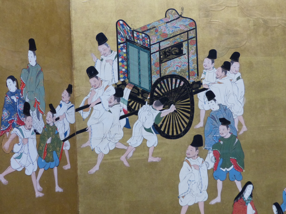 JAPANESE SCHOOL, A PAIR OF TWO PANEL FLOOR SCREENS DEPICTING A CONTINUOUS SCENE OF FIGURES IN A - Image 11 of 22