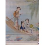 A CHINESE REVERSE PAINTING OF A MAIDEN HOLDING A SONGBIRD (28 x 12.5cms.) TOGETHER WITH A