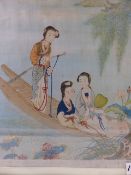 A CHINESE REVERSE PAINTING OF A MAIDEN HOLDING A SONGBIRD (28 x 12.5cms.) TOGETHER WITH A