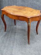 AN ANTIQUE ORMOLU MOUNTED BURL WALNUT INLAID WRITING TABLE IN THE LOUIS XV STYLE WITH FRIEZE DRAWER,