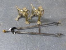 A LARGE PAIR OF WROUGHT IRON ARTS AND CRAFTS EMBER TONGS WITH SPRING ACTION AND A PAIR OF NEO GREC