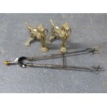 A LARGE PAIR OF WROUGHT IRON ARTS AND CRAFTS EMBER TONGS WITH SPRING ACTION AND A PAIR OF NEO GREC