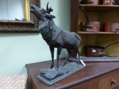 A LARGE PATINTED METAL FIGURE OF A STAG IN THE ANIMALIER STYLE, LABELLED H.PONT & Co, BERLIN. H.
