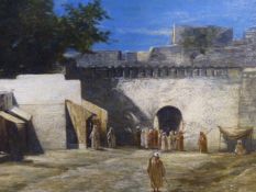 WILLIAM C FAED (ENGLISH 19th.C.) GATEWAY IN THE SOKO, TANGIER SIGNED AND DATED 1886, OIL ON BOARD.