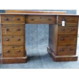A VICTORIAN MAHOGANY TWIN PEDESTAL DESK, SHAPED TOP WITH THREE APRON DRAWERS, EACH PEDESTAL WITH