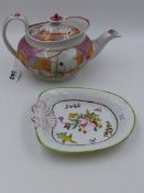 A NEWHALL TEAPOT DECORATED WITH A CHINOISERIE SCENE AND A SMALL MOULDED DISH (2)