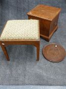 A COUNTRY GEORGIAN OAK BOX STOOL (CONVERTED), A NEEDLEPOINT STOOL AND A CIRCULAR DISH FORM TRAY.