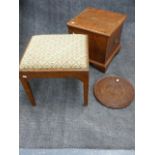 A COUNTRY GEORGIAN OAK BOX STOOL (CONVERTED), A NEEDLEPOINT STOOL AND A CIRCULAR DISH FORM TRAY.