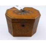A GEORGIAN OCTAGONAL MARQUETRY INLAID AND CROSSBANDED SATINWOOD TEA CADDY WITH SWAG DECORATION