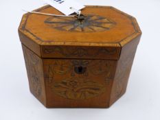 A GEORGIAN OCTAGONAL MARQUETRY INLAID AND CROSSBANDED SATINWOOD TEA CADDY WITH SWAG DECORATION