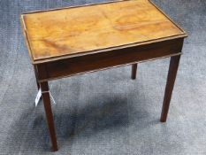 A LATE GEORGIAN YEW WOOD LOW TABLE WITH GALLERY EDGE TOP AND STRAIGHT TAPERED LEGS. W.65cms x D.