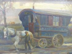 GEOFFREY MORTIMER ( 19th/20th.C.) THE GYPSY CARAVAN, SIGNED OIL ON BOARD. 20 x 31cms.