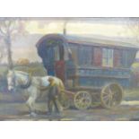 GEOFFREY MORTIMER ( 19th/20th.C.) THE GYPSY CARAVAN, SIGNED OIL ON BOARD. 20 x 31cms.