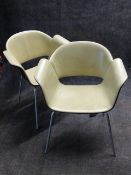 A PAIR OF BENE IVORY LEATHER COVERED MOULDED PLYWOOD ARMCHAIRS, LABELLED.