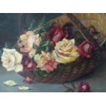 19th/20th.C. CONTINENTAL SCHOOL A BASKET OF ROSES SIGNED AND INSCRIBED INDISTINCTLY OIL ON CANVAS.