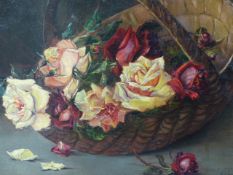 19th/20th.C. CONTINENTAL SCHOOL A BASKET OF ROSES SIGNED AND INSCRIBED INDISTINCTLY OIL ON CANVAS.