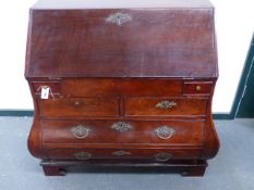 AN ANTIQUE DUTCH MAHOGANY BOMBE BUREAU. MULTI DRAWER STEPPED INTERIOR WITH WELL AND TWO SHORT