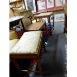 AN INLAID ART DECO STOOL WITH SHAPED SEAT, A CANE SEAT EXAMPLE AND A PALE OAK SMALL TABLE. (3)