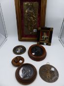 A COLLECTIVE LOT OF INTERESTING CLASSICAL STYLE MEDALLIONS, A WAX MINIATURE PORTRAIT BUST AND A