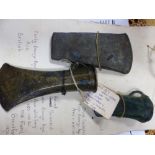 A ROUND SOCKETED LATE BRONZE AGE AXE HEAD c. 600-700 BC TOGETHER WITH A SIMILAR STYLE AXE HEAD DATED