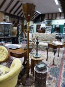 AN ART DECO WALNUT FLOOR LAMP OR UPLIGHTER WITH CARVED GILT COLLAR, TAPERED FORM WITH OCTAGONAL