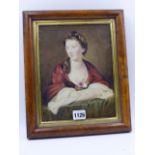 18th/19th.C.ENGLISH SCHOOL A PORTRAIT OF A LADY, WATERCOLOUR IN BURR MAPLE FRAME. 24x18.5cms.