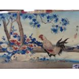 TWO JAPANESE COLOUR WOODBLOCK PRINTS OF DOMESTIC FOWL, GEESE AND CHICKENS, SIGNED AND INSCRIBED.