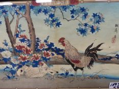 TWO JAPANESE COLOUR WOODBLOCK PRINTS OF DOMESTIC FOWL, GEESE AND CHICKENS, SIGNED AND INSCRIBED.