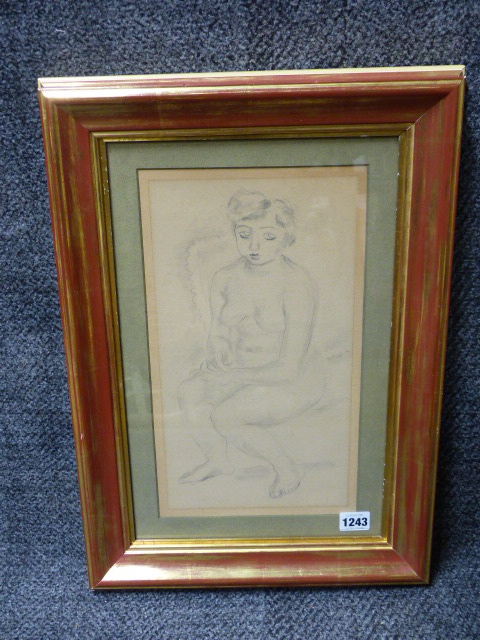 ATTRIBUTED TO JULES PASCIN (1885-1930) SEATED NUDE PENCIL DRAWING. 34 x 18cms. - Image 2 of 5