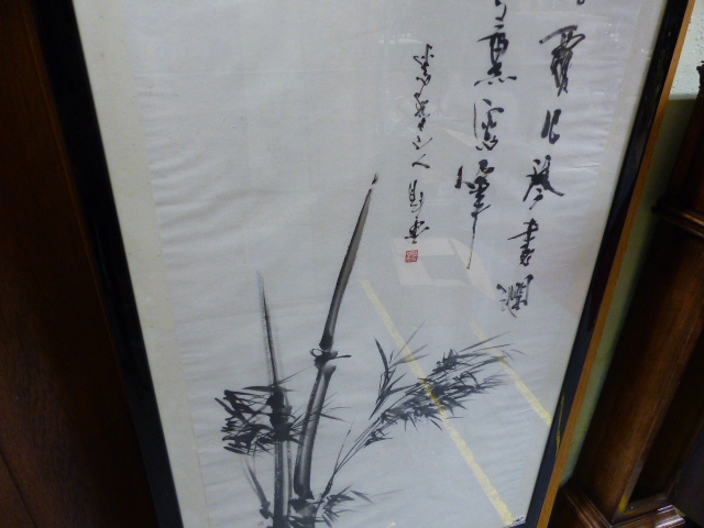 A 20th.C.JAPANESE SCHOOL, BAMBOO SIGNED AND INSCRIBED INK WASH DRAWING. 137 x 70cms. - Image 4 of 8