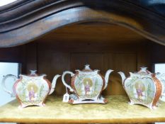 A GARNITURE OF THREE BURGESS & LEIGH EARTHENWARE TEAPOTS AND A STAND DECORATED WITH THE GEISHA