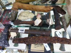 AN INTERESTING COLLECTION OF ARTEFACTS TO INCLUDE A BRONZE AGE AXE, VARIOUS IRON AGE TOOLS AND TWO