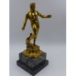 AN ANTIQUE GILT BRONZE ITALIAN FIGURE OF NEPTUNE (LACKING TRIDENT) ON A LATER STEPPED MARBLE BASE.