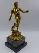 AN ANTIQUE GILT BRONZE ITALIAN FIGURE OF NEPTUNE (LACKING TRIDENT) ON A LATER STEPPED MARBLE BASE.