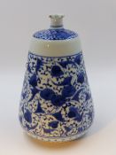 A JAPANESE BLUE AND WHITE TAPERED FORM BOTTLE VASE WITH SCROLLING FOLIATE DECORATION. H.22cms.