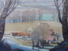 CAVENDISH AND CONCORD MORTON (B.1911 ) ARRETON FARM, A COLOUR WOODBLOCK PRINT. 38 x 51cms.